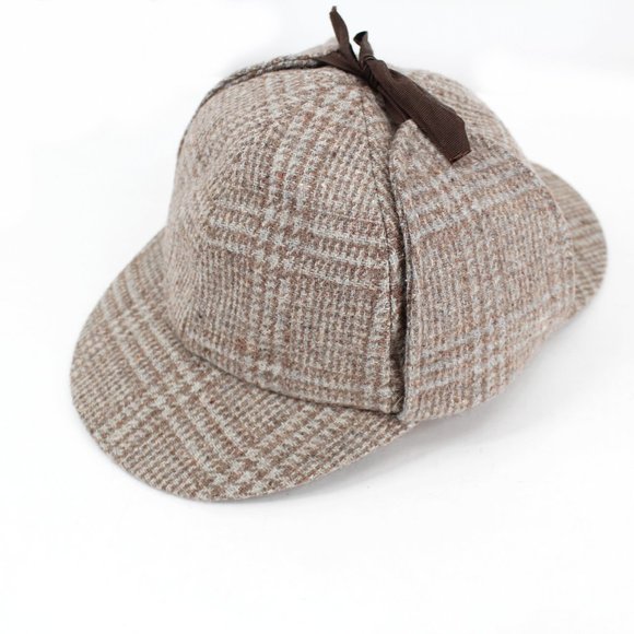 Vintage Other - VTG Wool Hat Deer Stalker Hunting Cap Plaid Houndstooth Check Ear Flaps Tan Gray